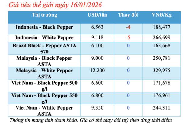 Giá tiêu hôm nay 16/1/2026: Quay đầu giảm
