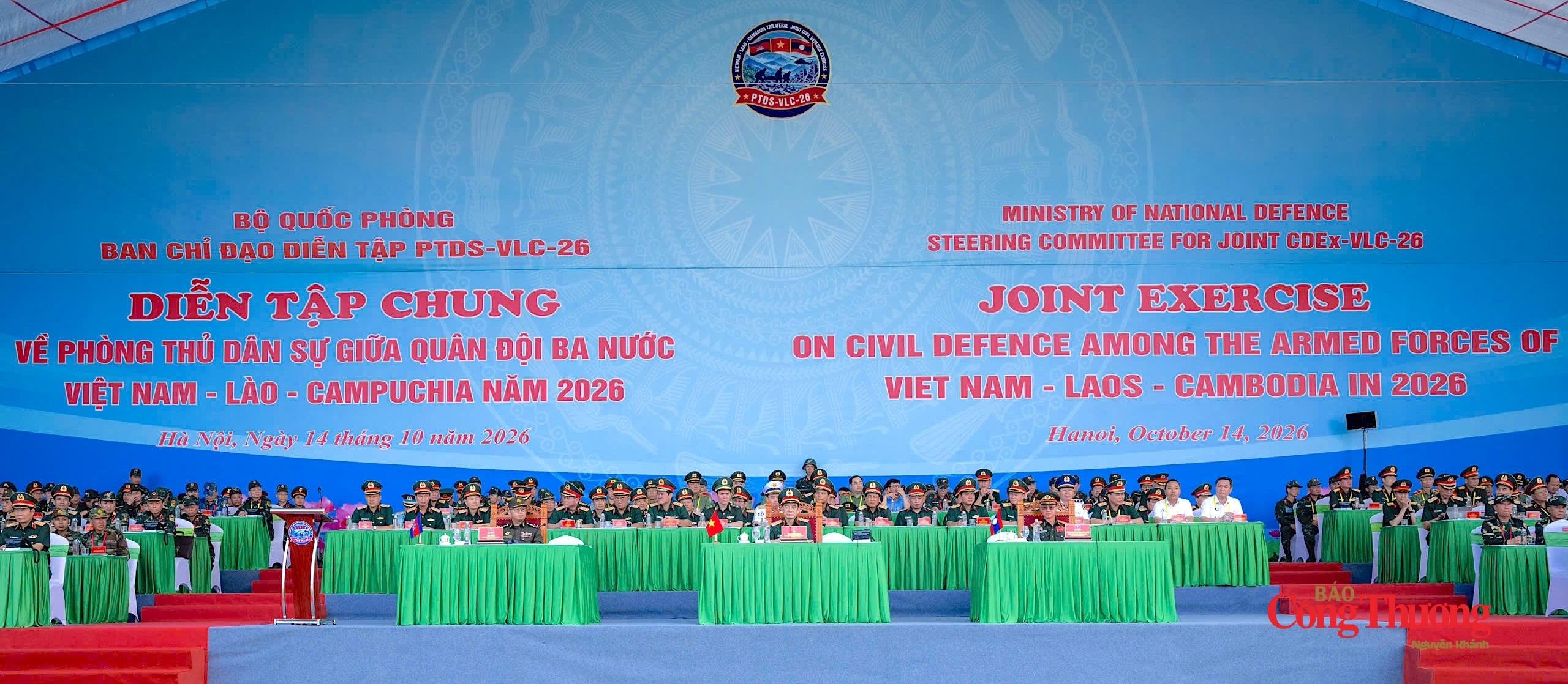 Bộ trưởng Bộ Quốc phòng ba nước Việt Nam - Lào - Campuchia cùng các đại biểu dự diễn tập phòng thủ dân sự năm 2026.