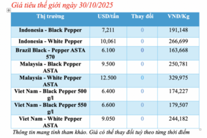 Giá tiêu hôm nay 30/10/2025: Tăng mạnh 1.000 đồng/kg