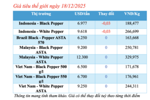 Giá tiêu hôm nay 18/12/2025: Cao nhất 150.000 đồng/kg