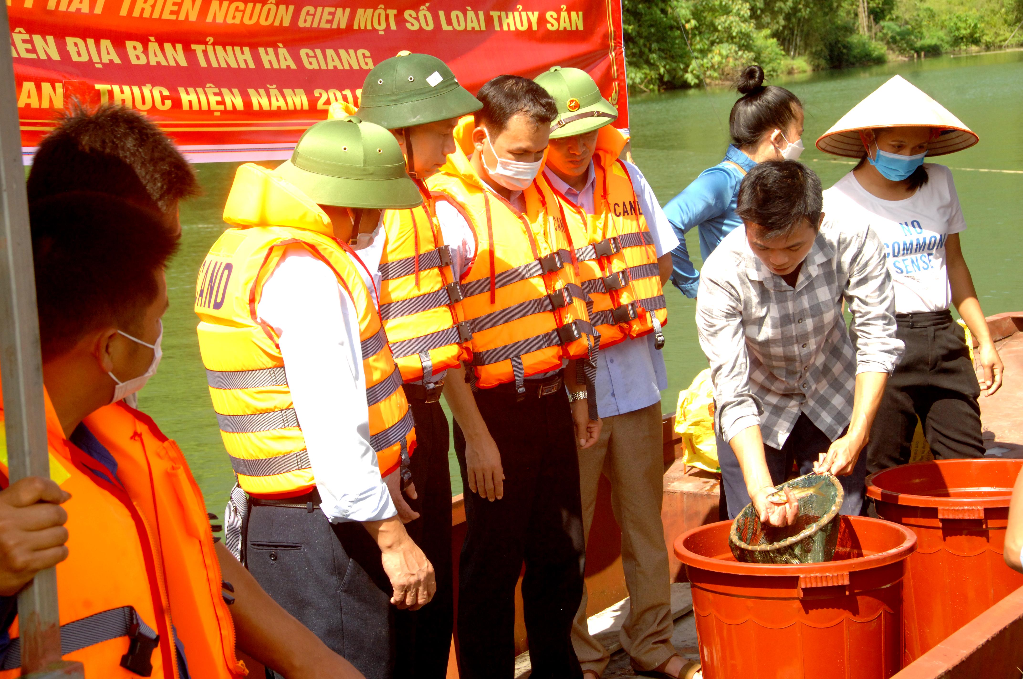 Cán bộ Trung tâm Thủy sản Hà Giang giới thiệu về các loại cá giống thuộc đề tài.