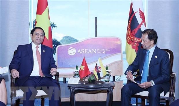 Thủ tướng Phạm Minh Chính gặp Quốc vương Brunei Hassanal Bolkiah. (Ảnh: Dương Giang/TTXVN)