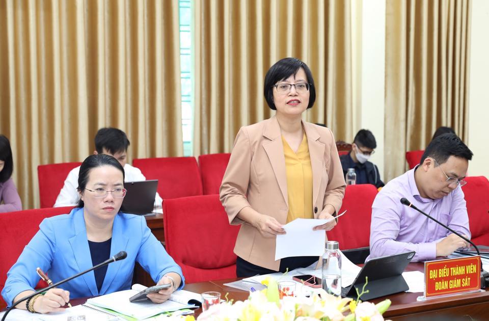Trưởng Ban Kinh tê-Ngân sách HĐND thành phố Hà Nội Hồ Vân Nga phát biểu trong buổi giám sát tại huyện Ứng Hoà