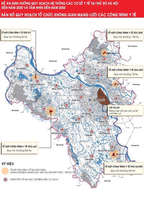 Bản đồ Đề án quy hoạch cơ sở y tế tại Hà Nội đến năm 2030, tầm nhìn năm 2050.