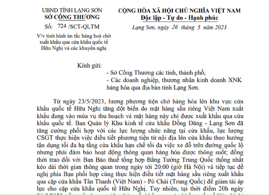 Công văn của Sở Công thương tỉnh Lạng Sơn khuyến cáo tới các doanh nghiệp, tổ chức, cá nhân.