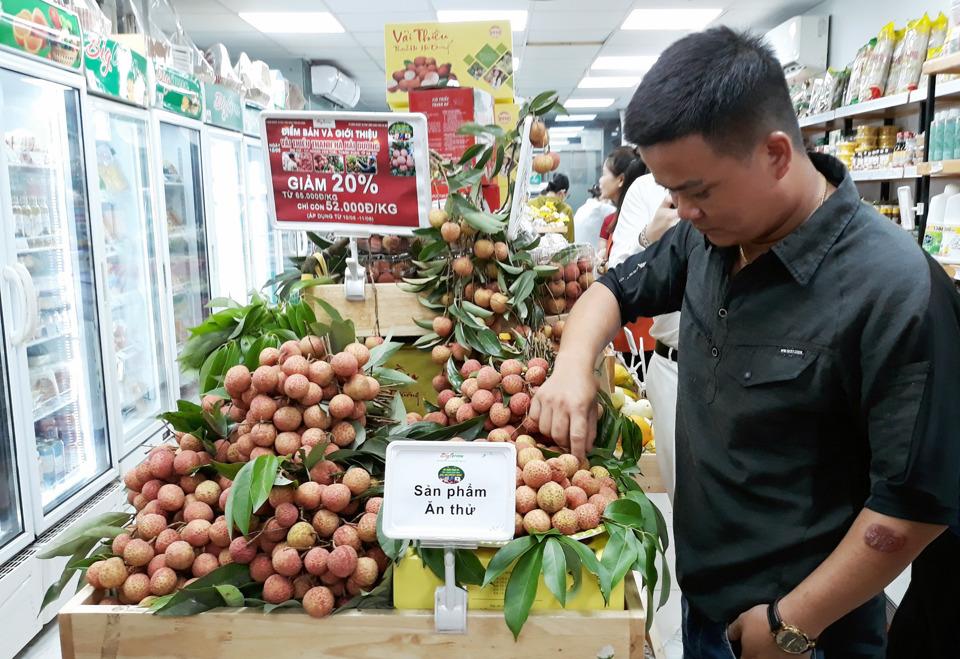 Người tiêu dùng Hà Nội tiếp cận dùng thử vải thiều Thanh Hà (Hải Dương) tại điểm trưng bầy giới thiệu sản phẩm vải thiều Thanh Hà. Ảnh: Hoài Nam