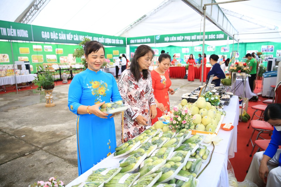 Khách hàng tìm hiểu sản phẩm tại hội chợ các sản phẩm OCOP ở huyện Sóc Sơn. Ảnh: Phạm Hùng 