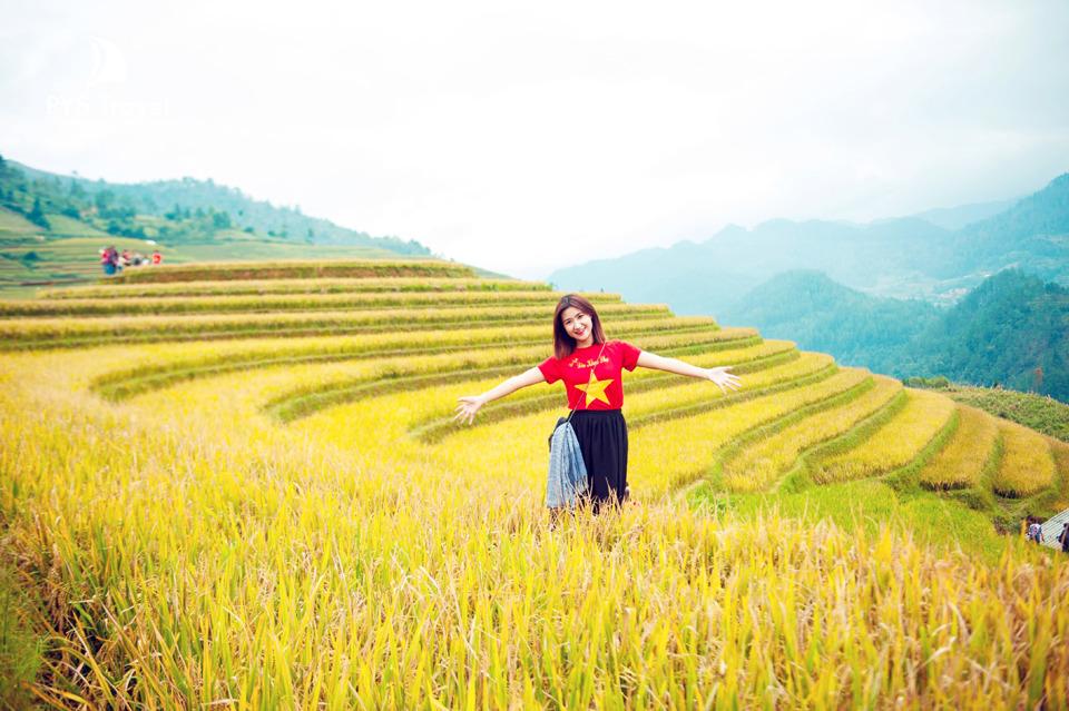 Khách du lịch tham gia tour mùa Thu thăm quan ruộng lúa chín Mù Căng Chải (Yên Bái). Ảnh: Hoài Nam