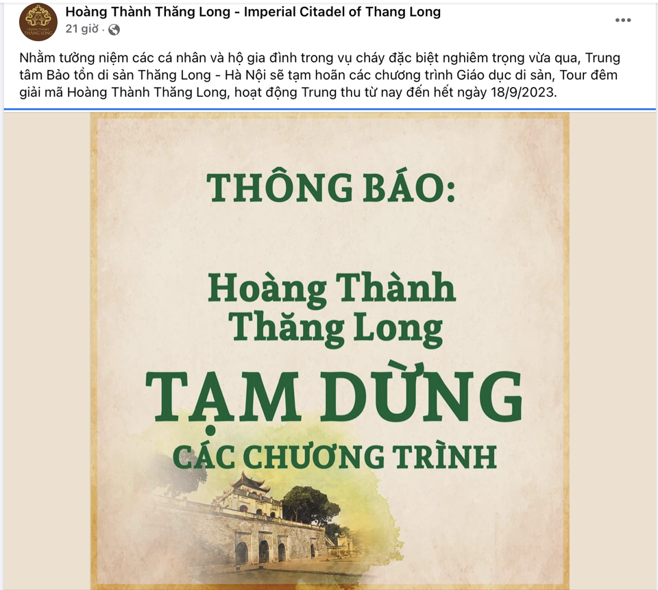 Fanpage của Hoàng Thành Thăng Long thông báo tạm dừng các chương trình.