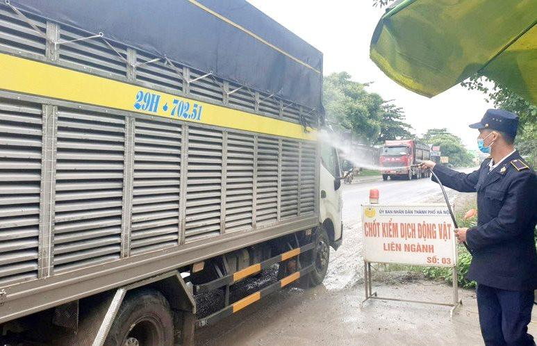 Lực lượng chức năng phun thuốc tiêu độc khử trùng cho đàn gia súc, gia cầm trước khi được vận chuyển vào địa bàn Hà Nội. Ảnh: Cấn Minh.