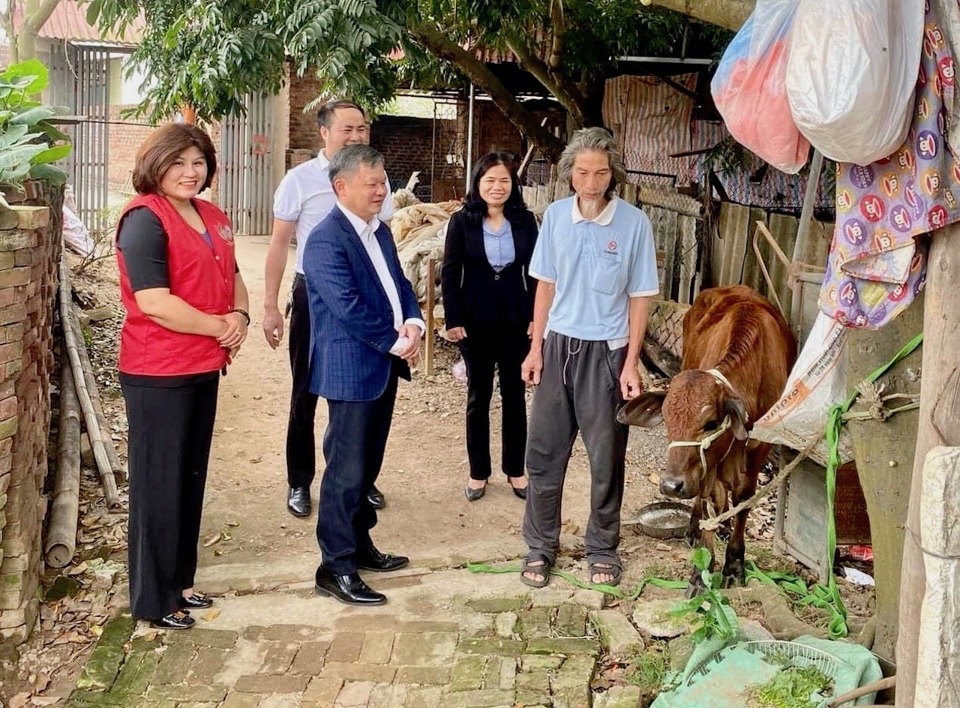 Ông Nguyễn Duy Yên ở xã Xuân Giang bên con bò sinh sản mới được trao tặng.