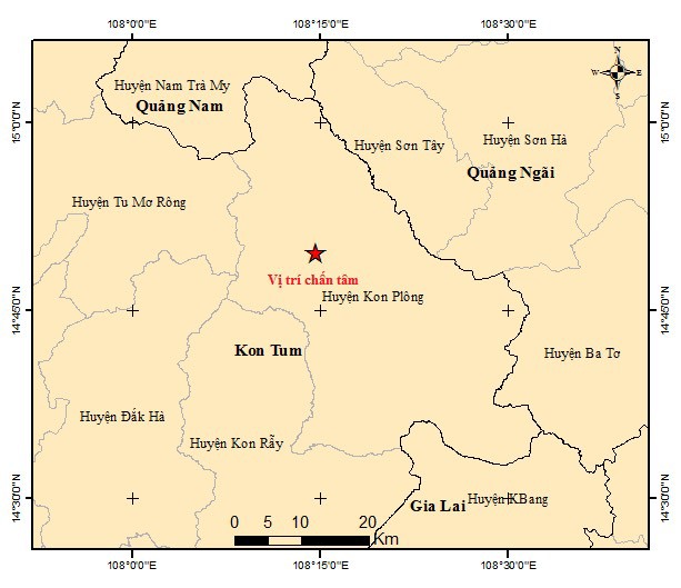 Bải đồ tâm chấn trận động đất lúc 11 giờ 35 phút ngày 28/7/2024. Ảnh: Trung tâm Báo tin động đất và cảnh báo sóng thần - Viện Vật lý Địa cầu