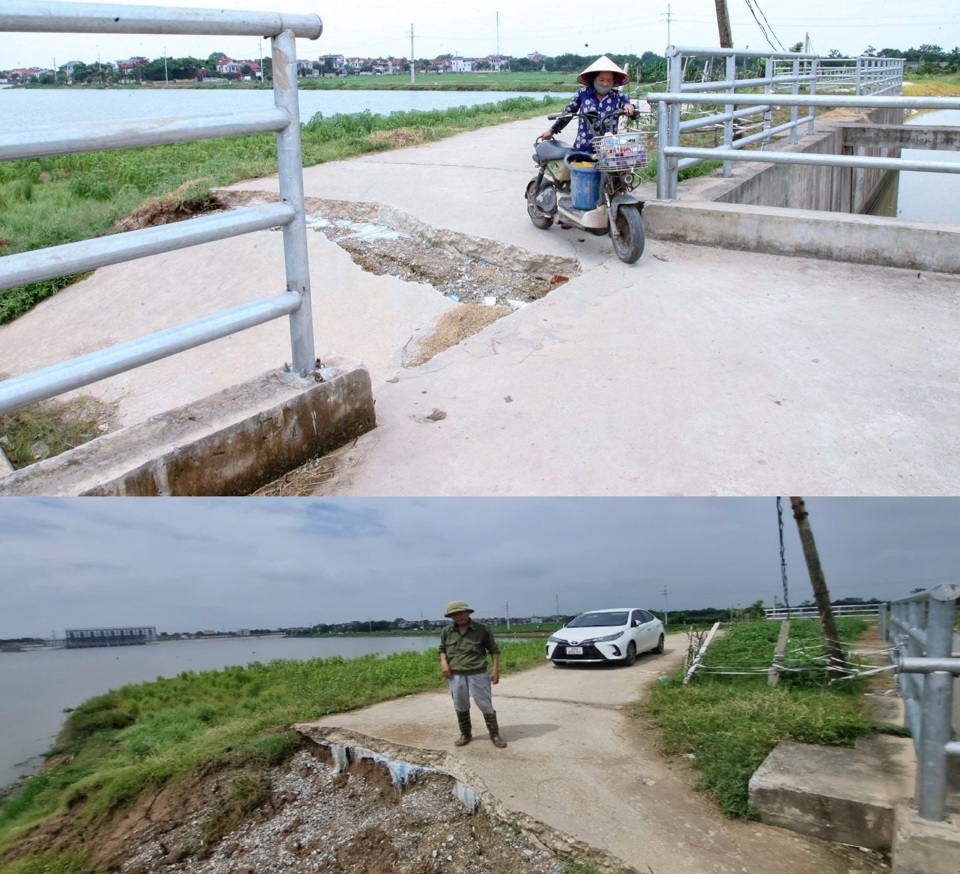 Hình ảnh sập gãy bờ kênh ở Trạm bơm Nguyệt Đức. Ảnh: Lương Giang