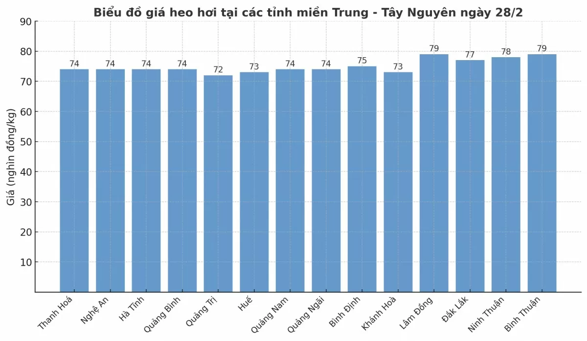 Biểu đồ giá heo hơi tại các tỉnh miền Trung - Tây Nguyên ngày 28/2 Biểu đồ giá heo hơi tại các tỉnh miền Trung - Tây Nguyên ngày 28/2