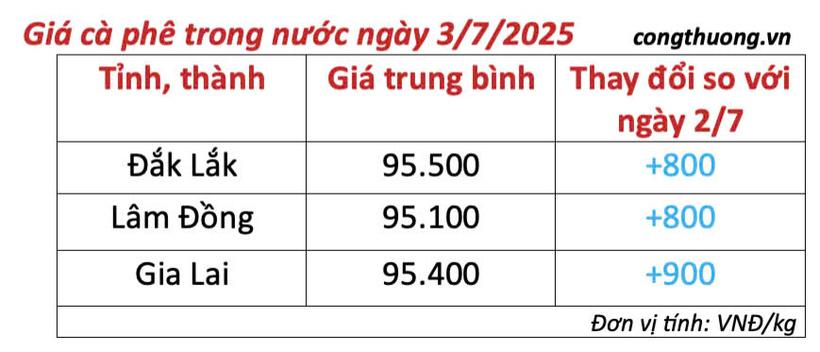 Bảng giá cà phê trong nước cập nhật sáng ngày 3/7/2025