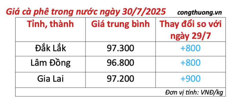 Bảng giá cà phê trong nước sáng ngày 30/7/2025