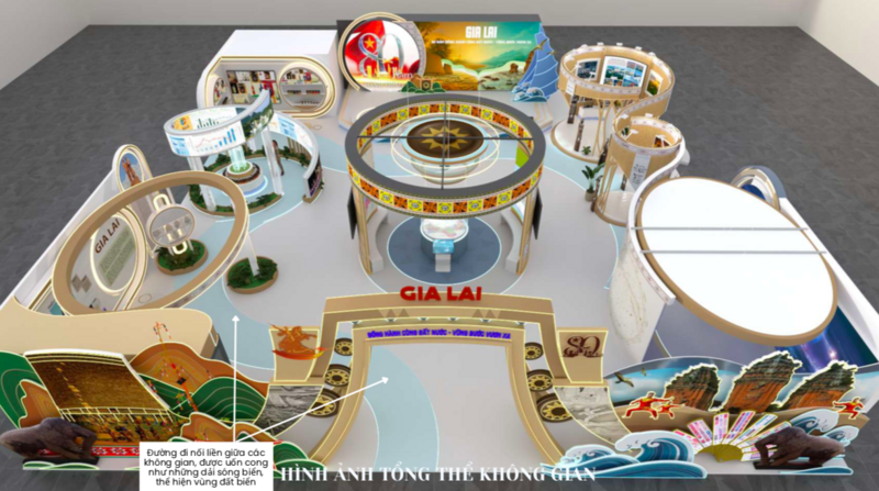 Hình ảnh tổng thể không gian trưng bày của tỉnh Gia Lai tại Triển lãm thành tựu Đất nước nhân dịp kỷ niệm 80 năm Ngày Quốc khánh (2/9/1945 - 2/9/2025). Ảnh: ĐVCC