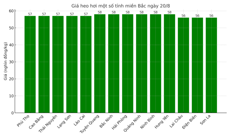 Biểu đồ giá heo hơi một số tỉnh, thành miền Bắc ngày 20/8