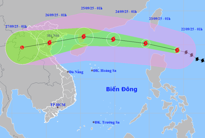 Dự báo hướng đi và khu vực ảnh hưởng của siêu bão Sagasa ngày 22/9. Ảnh: NCHMF