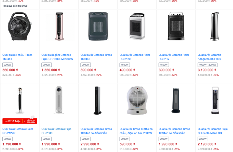 Máy sưởi, quạt sưởi được niêm yết với nhiều mức giá khác nhau trên các nền tảng bán hàng trực tuyến (Ảnh chụp màn hình)