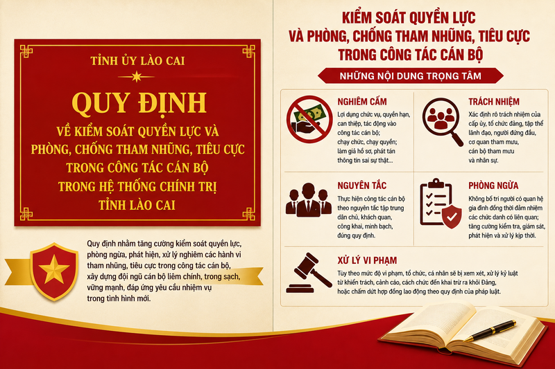 Tỉnh ủy Lào Cai vừa ban hành Quy định về kiểm soát quyền lực và phòng, chống tham nhũng, tiêu cực trong công tác cán bộ. Ảnh: CTTLC