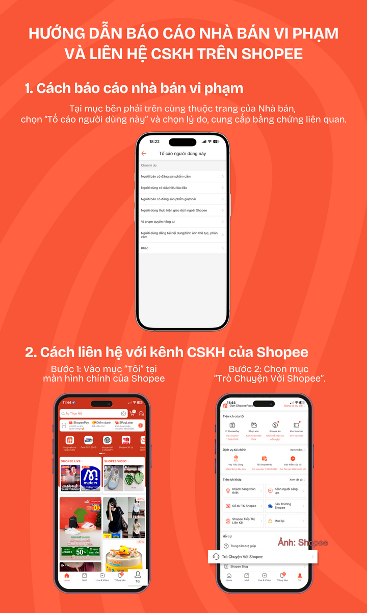 Shopee có các tính năng cho phép người dùng báo cáo nhà bán vi phạm và liên hệ với bộ phận chăm sóc khách hàng.