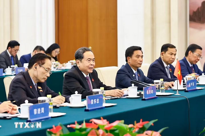 Chủ tịch Quốc hội Trần Thanh Mẫn và thành viên đoàn cấp cao Việt Nam tại cuộc hội kiến Chủ tịch Chính hiệp toàn quốc Trung Quốc Vương Hộ Ninh. Ảnh: Doãn Tấn/TTXVN