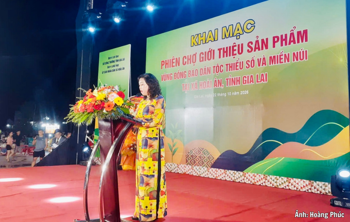 Bà Nguyễn Thị Bích Thu, Giám đốc Trung tâm Khuyến công và Xúc tiến thương mại (Sở Công Thương Gia Lai phát biểu tại lễ khai mạc.